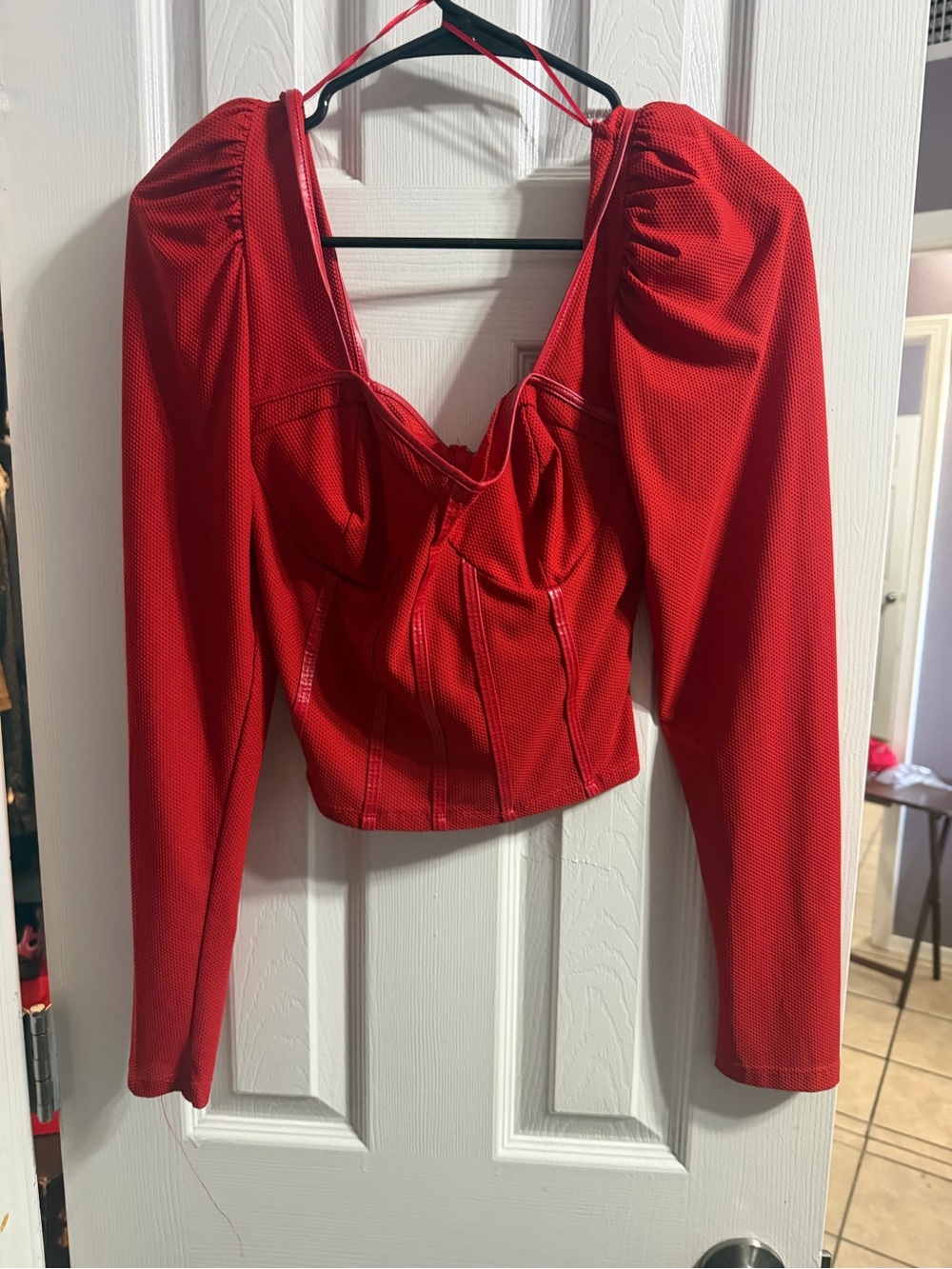 Guess Red Puff-Sleeve Corset Crop Top